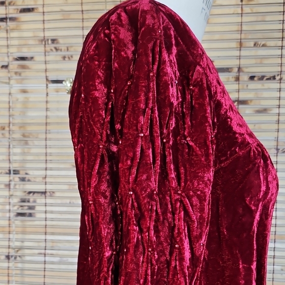 Vintage Red Crushed Velvet Long Sleeve Beaded Dress - Picture 3 of 8